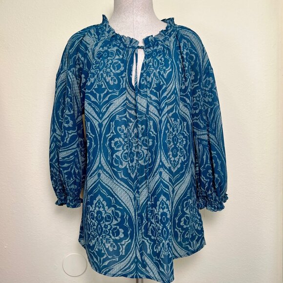 JOE FRESH Turquoise Blue Patterned Sheer 3/4 Sleeve Blouse Size Large - Picture 2 of 9